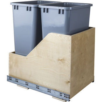 Double Bin Bottom Mount Pullout Waste Container System, 50 Quart (12.5 Gallon), Gray Cans, Min. Cab. Opening: 15"W