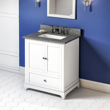 Jeffrey Alexander 30'' W White Addington Single Vanity Cabinet Base with Boulder Cultured Marble Vanity Top and Undermount Rectangle Bowl