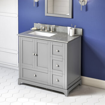 Jeffrey Alexander 36'' W Grey Addington Single Vanity Cabinet Base with Left Offset, Steel Grey Cultured Marble Vanity Top, and Undermount Rectangle Bowl