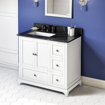 36" White Addington Vanity, Left Offset, Calacatta Black Quartz Vanity Top with Undermount Rectangle Sink