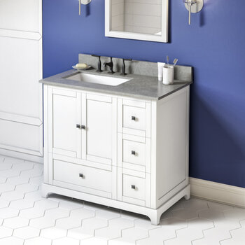 Jeffrey Alexander 36'' W White Addington Single Vanity Cabinet Base with Left Offset, Steel Grey Cultured Marble Vanity Top, and Undermount Rectangle Bowl