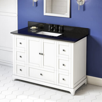 Jeffrey Alexander 48'' W White Addington Single Vanity Cabinet Base with Black Granite Vanity Top and Undermount Rectangle Bowl