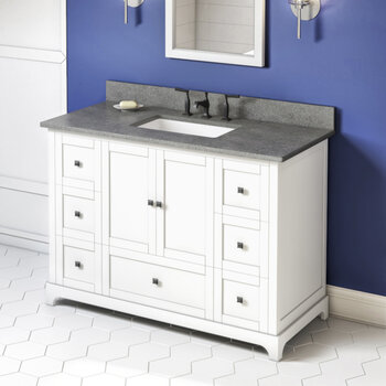 Jeffrey Alexander 48'' W White Addington Single Vanity Cabinet Base with Steel Grey Cultured Marble Vanity Top and Undermount Rectangle Bowl
