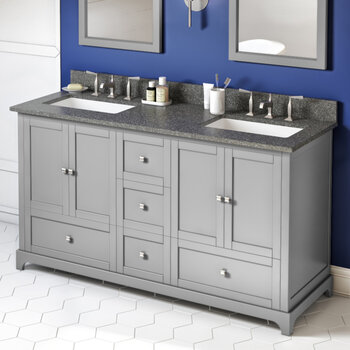 Jeffrey Alexander 60'' W Grey Addington Double Vanity Cabinet Base with Boulder Cultured Marble Vanity Top and Two Undermount Rectangle Bowls