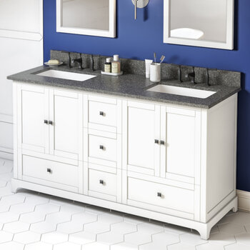 Jeffrey Alexander 60'' W White Addington Double Vanity Cabinet Base with Boulder Cultured Marble Vanity Top and Two Undermount Rectangle Bowls