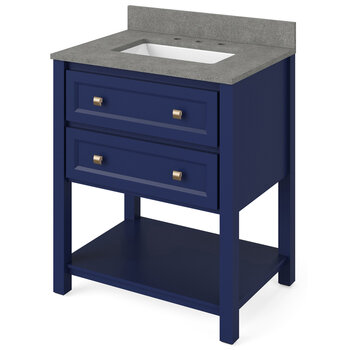 Jeffrey Alexander 30'' W Hale Blue Adler Vanity Cabinet Base with Steel Grey Cultured Marble Vanity Top and Undermount Rectangle Bowl, Product Angle View