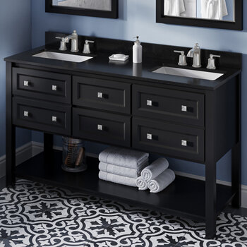 Jeffrey Alexander 60'' W Black Adler Double Vanity Cabinet Base with Black Granite Vanity Top and Two Undermount Rectangle Bowls