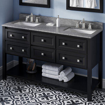 Jeffrey Alexander 60'' W Black Adler Double Vanity Cabinet Base with Boulder Cultured Marble Vanity Top and Two Undermount Rectangle Bowls