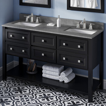 Jeffrey Alexander 60'' W Black Adler Double Vanity Cabinet Base with Steel Grey Cultured Marble Vanity Top and Two Undermount Rectangle Bowls