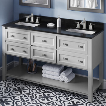 Jeffrey Alexander 60'' W Grey Adler Double Vanity Cabinet Base with Black Granite Vanity Top and Two Undermount Rectangle Bowls