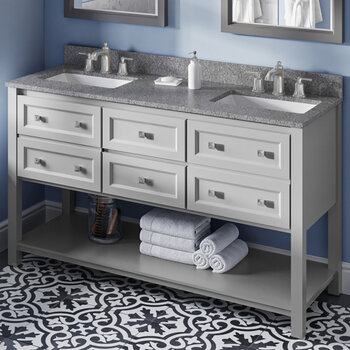Jeffrey Alexander 60'' W Grey Adler Double Vanity Cabinet Base with Boulder Cultured Marble Vanity Top and Two Undermount Rectangle Bowls