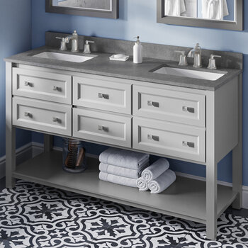 Jeffrey Alexander 60'' W Grey Adler Double Vanity Cabinet Base with Steel Grey Cultured Marble Vanity Top and Two Undermount Rectangle Bowls