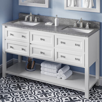 Jeffrey Alexander 60'' W White Adler Double Vanity Cabinet Base with Boulder Cultured Marble Vanity Top and Two Undermount Rectangle Bowls