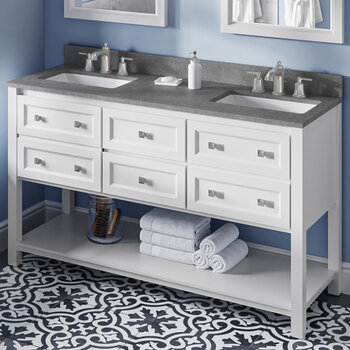 Jeffrey Alexander 60'' W White Adler Double Vanity Cabinet Base with Steel Grey Cultured Marble Vanity Top and Two Undermount Rectangle Bowls