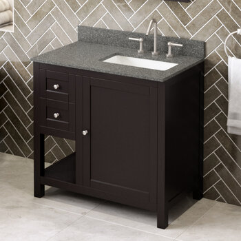 Jeffrey Alexander 36'' W Espresso Astoria Single Vanity Cabinet Base with Right Offset, Boulder Cultured Marble Vanity Top, and Undermount Rectangle Bowl