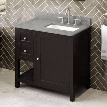 Jeffrey Alexander 36'' W Espresso Astoria Single Vanity Cabinet Base with Right Offset, Steel Grey Cultured Marble Vanity Top, and Undermount Rectangle Bowl