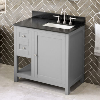 Jeffrey Alexander 36'' W Grey Astoria Single Vanity Cabinet Base with Right Offset, Black Granite Vanity Top, and Undermount Rectangle Bowl