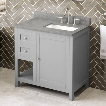 Jeffrey Alexander 36'' W Grey Astoria Single Vanity Cabinet Base with Right Offset, Steel Grey Cultured Marble Vanity Top, and Undermount Rectangle Bowl
