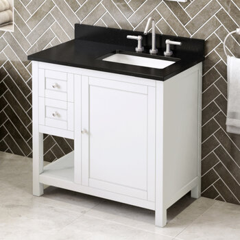 Jeffrey Alexander 36'' W White Astoria Single Vanity Cabinet Base with Right Offset, Black Granite Vanity Top, and Undermount Rectangle Bowl