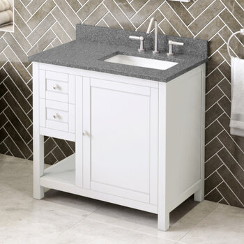 Jeffrey Alexander 36'' W White Astoria Single Vanity Cabinet Base with Right Offset, Boulder Cultured Marble Vanity Top, and Undermount Rectangle Bowl