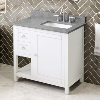 Jeffrey Alexander 36'' W White Astoria Single Vanity Cabinet Base with Right Offset, Steel Grey Cultured Marble Vanity Top, and Undermount Rectangle Bowl