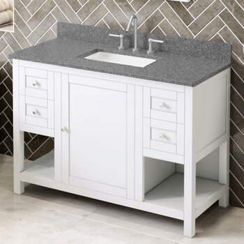 Jeffrey Alexander 48'' W White Astoria Single Vanity Cabinet Base with Boulder Cultured Marble Vanity Top and Undermount Rectangle Bowl