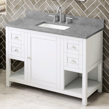 Jeffrey Alexander 48'' W White Astoria Single Vanity Cabinet Base with Steel Grey Cultured Marble Vanity Top and Undermount Rectangle Bowl