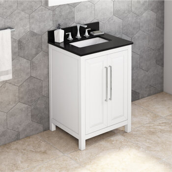 Jeffrey Alexander 24'' W White Cade Single Vanity Cabinet Base with Black Granite Vanity Top and Undermount Rectangle Bowl