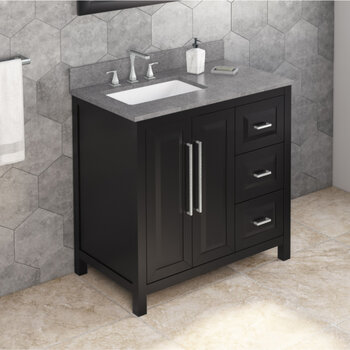 Jeffrey Alexander 36'' W Black Cade Single Vanity Cabinet Base with Left Offset, Steel Grey Cultured Marble Vanity Top, and Undermount Rectangle Bowl