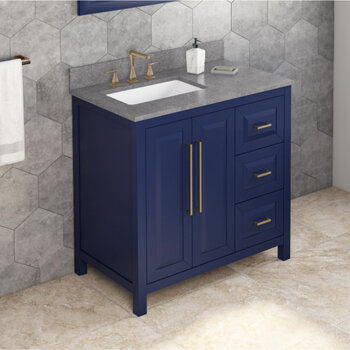 Jeffrey Alexander 36'' W Hale Blue Cade Single Vanity Cabinet Base with Left Offset, Steel Grey Cultured Marble Vanity Top, and Undermount Rectangle Bowl