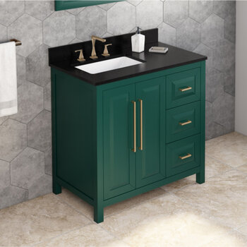 Jeffrey Alexander 36'' W Forest Green Cade Single Vanity Cabinet Base with Left Offset, Black Granite Vanity Top, and Undermount Rectangle Bowl