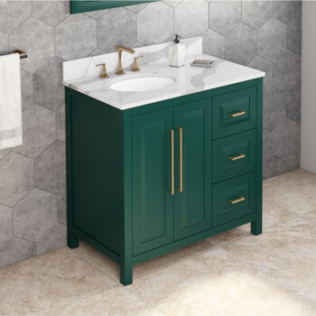 36" Forest Green Cade Vanity, Left Offset, Calacatta Vienna Quartz Vanity Top with Undermount Oval Sink