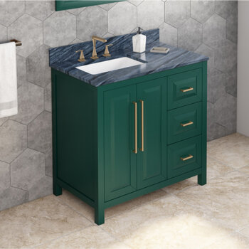 36" Forest Green Cade Vanity, Left Offset, Grey Marble Vanity Top with Undermount Rectangle Sink