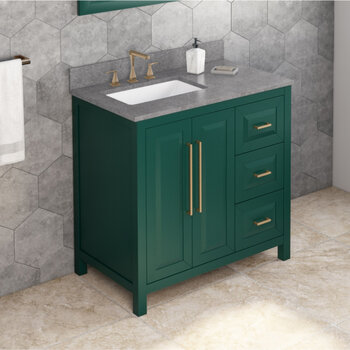 Jeffrey Alexander 36'' W Forest Green Cade Single Vanity Cabinet Base with Left Offset, Steel Grey Cultured Marble Vanity Top, and Undermount Rectangle Bowl