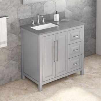 Jeffrey Alexander 36'' W Grey Cade Single Vanity Cabinet Base with Left Offset, Steel Grey Cultured Marble Vanity Top, and Undermount Rectangle Bowl