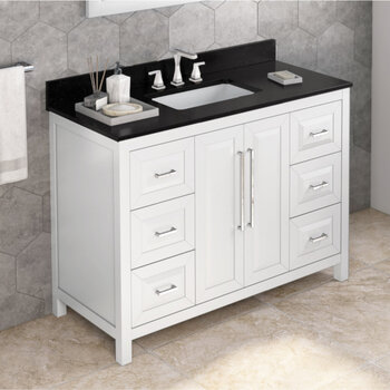 Jeffrey Alexander 48'' W White Cade Single Vanity Cabinet Base with Black Granite Vanity Top and Undermount Rectangle Bowl