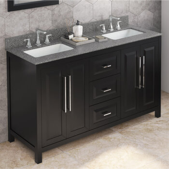 Jeffrey Alexander 60'' W Black Cade Double Vanity Cabinet Base with Boulder Cultured Marble Vanity Top and Two Undermount Rectangle Bowls