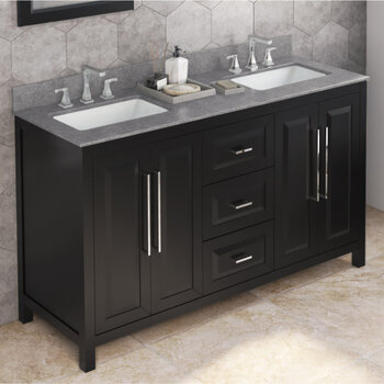 Jeffrey Alexander 60'' W Black Cade Double Vanity Cabinet Base with Steel Grey Cultured Marble Vanity Top and Two Undermount Rectangle Bowls