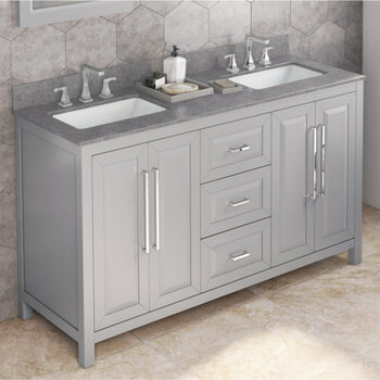 Jeffrey Alexander 60'' W Grey Cade Double Vanity Cabinet Base with Steel Grey Cultured Marble Vanity Top and Undermount Rectangle Bowl