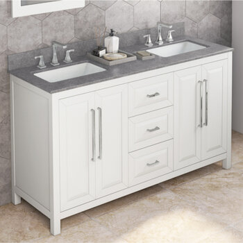 Jeffrey Alexander 60'' W White Cade Double Vanity Cabinet Base with Steel Grey Cultured Marble Vanity Top and Undermount Rectangle Bowl