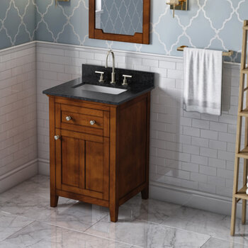 Jeffrey Alexander 24'' W Chocolate Chatham Single Vanity Cabinet Base with Black Granite Vanity Top and Undermount Rectangle Bowl
