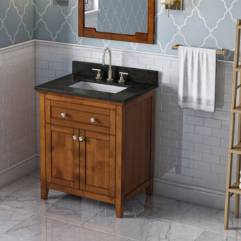 Jeffrey Alexander 30'' W Chocolate Chatham Single Vanity Cabinet Base with Black Granite Vanity Top and Undermount Rectangle Bowl