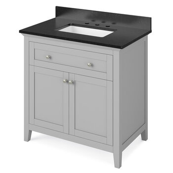 Jeffrey Alexander 36'' W Grey Chatham Vanity Cabinet Base with Black Granite Vanity Top and Undermount Rectangle Bowl, Product Angle View