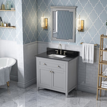 Jeffrey Alexander 36'' W Grey Chatham Vanity Cabinet Base with Black Granite Vanity Top and Undermount Rectangle Bowl, Installed View