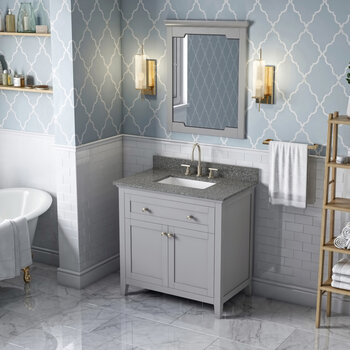 Jeffrey Alexander 36'' W Grey Chatham Vanity Cabinet Base with Boulder Cultured Marble Vanity Top and Undermount Rectangle Bowl, Installed View