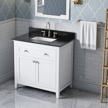 Jeffrey Alexander 36'' W White Chatham Single Vanity Cabinet Base with Black Granite Vanity Top and Undermount Rectangle Bowl