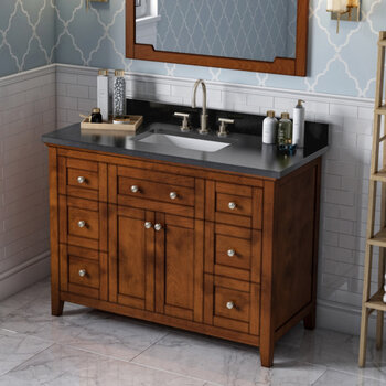 Jeffrey Alexander 48'' W Chocolate Chatham Single Vanity Cabinet Base with Black Granite Vanity Top and Undermount Rectangle Bowl