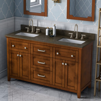60" Chocolate Chatham Vanity, Double Sink Blue Limestone Vanity Top with (2x) Undermount Rectangle Sinks