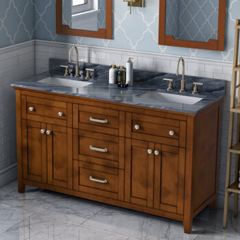 60" Chocolate Chatham Vanity, Double Sink Grey Marble Vanity Top with (2x) Undermount Rectangle Sinks