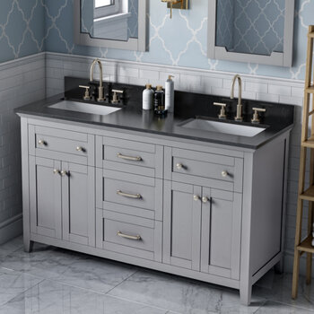 Jeffrey Alexander 60'' W Grey Chatham Double Vanity Cabinet Base with Black Granite Vanity Top and Two Undermount Rectangle Bowls